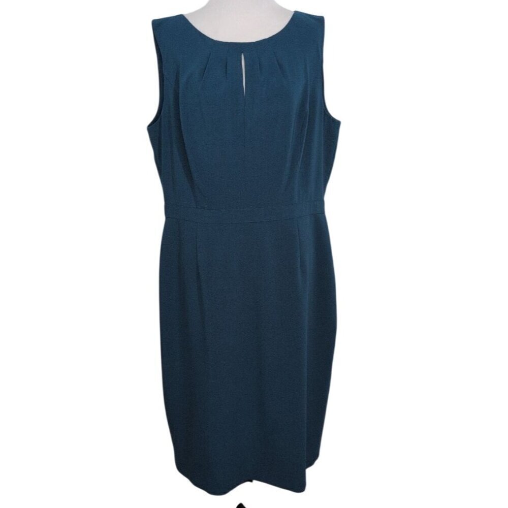 Talbots Sheath Dress Womens Size 14 Teal Blue Pleated Keyhole Neck Sleeveless